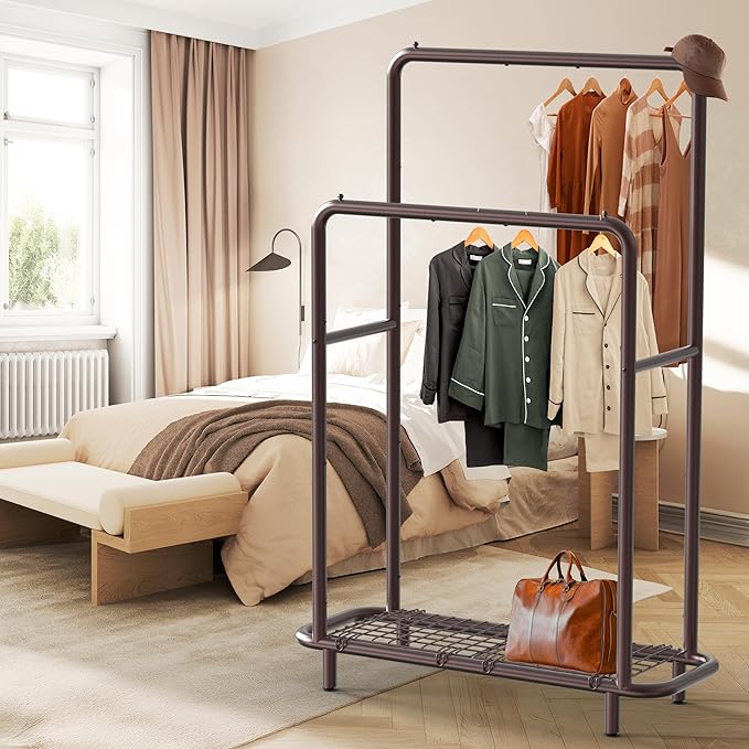 Simple Houseware Double Rod Clothing Garment Rack with Bottom Shelves, Bronze