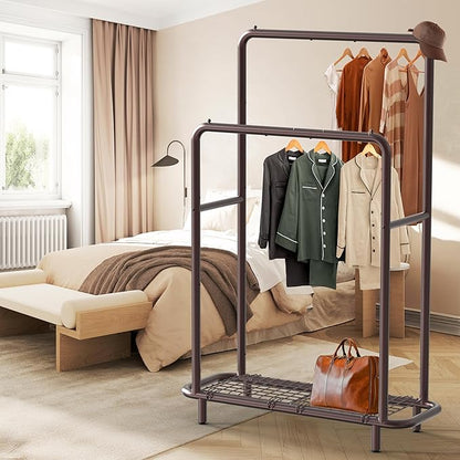 Simple Houseware Double Rod Clothing Garment Rack with Bottom Shelves, Bronze