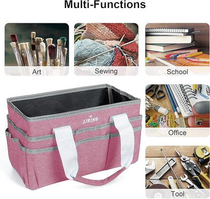 JJRING Craft Organizer Tote Bag, Art Storage Caddy with Multiple Pockets, Pink Sewing Bag for Art, Craft, Scrapbooking, School, Medical, and Office Supplies Storage