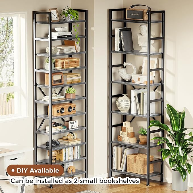 SUPERJARE Triple Bookshelf, Bookcase with 11 Open Display Shelves, Wide Book Shelf Book Case for Home & Office, 6 Tier, Grey