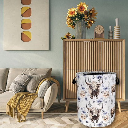 Watercolor Highland Cow Laundry Hamper With Handles Foldable Oxford Cloth Purple Flower Tote Bag Cows Laundry Basket Clothes Toy Storage Bucket 18.9" x 16.5"For Bathroom/Laundry/Bedroom
