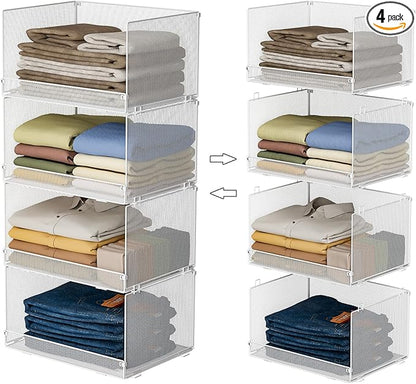 4-Tier Stackable Closet Organizers and Storage Shelves, Foldable Closet Shelf Organizer, Stackable Storage Bins Drawers for Closet Organizer System, White(Patent Pending)