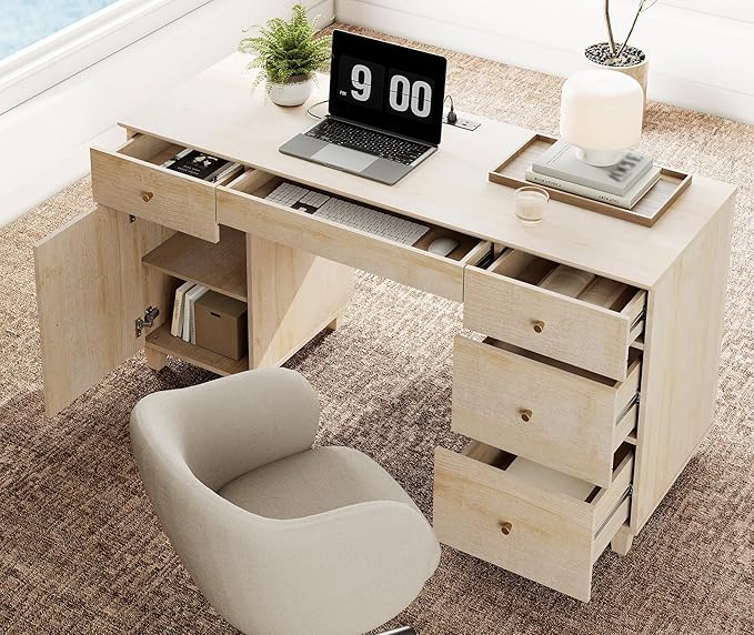 WAMPAT Executive Desk with Drawers & Storage Cabinet, 58 Inch Modern Wooden Office Desk with Charging Station & Keyboard Tray, Home Office Large Computer Desk, Work & Study Writing Desk, Light Oak