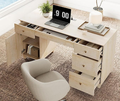 WAMPAT Executive Desk with Drawers & Storage Cabinet, 58 Inch Modern Wooden Office Desk with Charging Station & Keyboard Tray, Home Office Large Computer Desk, Work & Study Writing Desk, Light Oak
