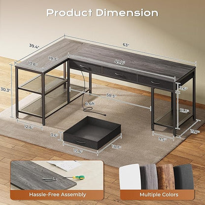PRAISUN 63 Inch L Shaped Office Desk with Power Outlets and Type-C Port, Large Computer Gaming Desk with 3 Fabric Drawers, Mesh Shelves, Corner Study Work Writing Desk, Grey