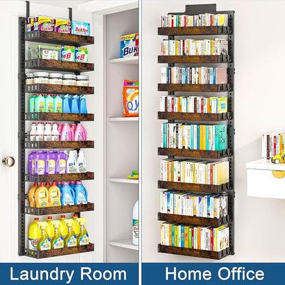 BUKFEN 8-Tier Over the Door Pantry Organizer, 2-in-1 Door Hanging or Wall Mounted Spice Rack, Heavy Duty Metal Storage Shelves with Adjustable Wooden Baskets for Kitchen Bathroom Closet
