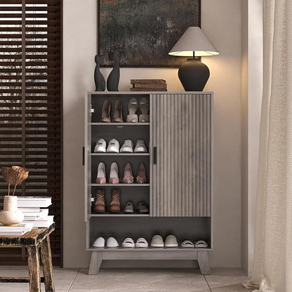4-Tier Fluted Shoe Cabinet with 2 Doors & Open Shelf, Mid Century Modern Shoe Storage Organizer with Adjustable Shelves, Metal Handles & Wood Legs, Hidden Shoe Rack for Entryway, Hallway