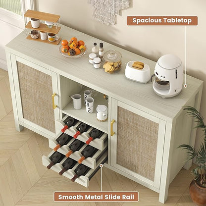 Rattan Wine Bar Cabinet, Boho Rattan Home Bar with Glass Holder and Drawer Style Racks, Oak Sideboard Buffet Storage Cabinet for Living Dining Room Kitchen (White Oak)