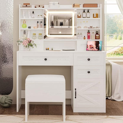 IRONCK Vanity Desk with LED Lighted Mirror, Large Storage Makeup Vanity Table with 5 Drawers, Cabinet, 7 Open Shelves, Power Outlet, Storage Stool, Bedroom, White