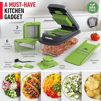 MUELLER HOME Pro-Series 10-in-1, 8 Blade Vegetable Chopper, Onion Mincer, Cutter, Dicer, Egg Slicer with Container, French Fry Cutter Potato Slicer, Home Essentials, Salad Chopper,Gray/Green