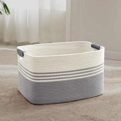 SunNewt 72L Large Laundry Basket with Leather Handles for Living Room Storage, Woven Rope Baskets Bin for Blanket, Kids Toy, Gifts, Wicker Hamper for Bedroom Dirty Clothes, 22"x17"x12" White Grey