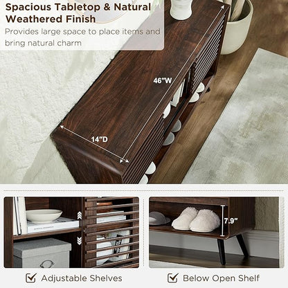 OKD Entryway Table with Sliding Slatted Door, 46" Mid Century Modern Wood Console Table w/Adjustable & Open Storage Shelf, Sofa Table Behind Couch for Hallway, Foyer, Living Room, Dark Walnut