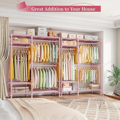 Raybee Clothes Rack Heavy Duty Loads 780LBS Clothing Racks for Hanging Clothes Adjustable Metal Portable Closet, 45.5" W x 77" H x16.5 D Pink