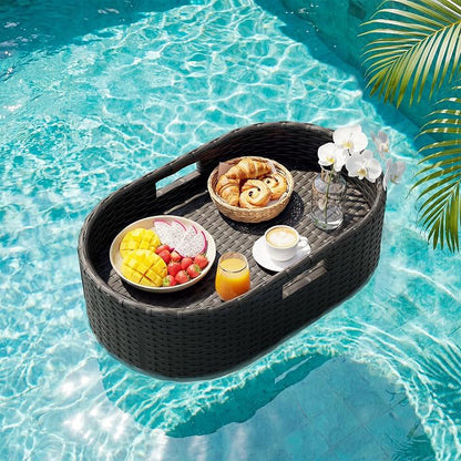 Greesum Wicker Pool Floating Tray, 26”x15” Oval Portable Serving Tray for Holding Fruits, Drinks & Essentials, Suitable for Pool Activities, Bathtub, Hot Tub, Beach Parties, Black