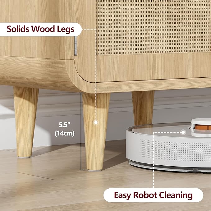 Keehusux Rattan TV Stand for 60 Inch TV, Entertainment Center with Charging Station & Solid Wood Legs, Adjustable Shelf & 2 Cabinet, Boho TV Console, Modern Media Console for Living Room, Natural Oak