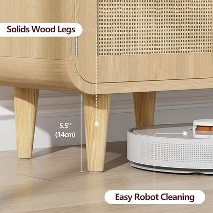 Keehusux Rattan TV Stand for 60 Inch TV, Entertainment Center with Charging Station & Solid Wood Legs, Adjustable Shelf & 2 Cabinet, Boho TV Console, Modern Media Console for Living Room, Natural Oak