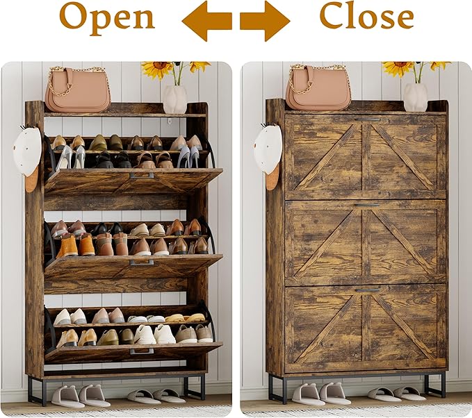 Shoe Cabinet Storage for Entryway, Shoe Storage Cabinet with 3 Flip Drawers, Freestanding Narrow Shoe Rack Organizer with Metal Legs & Side Hook for Foyer, Hallway, Brown
