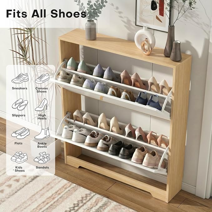 Nicetree Shoe Cabinet with 2 Flip Drawers, Narrow Shoe Organizer Cabinet, Freestanding Shoe Rack Cabinet, Modern Shoe Storage Cabinet for Entryway, Hallway, Foyer, Natural Oak and White with Hook