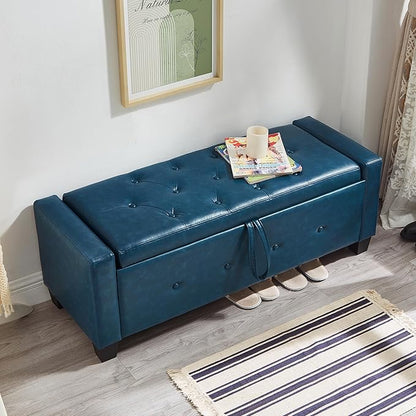 Furniliving Storage Bench, 48‘’ Upholstered PU Leather Ottoman Bench with Button-Tufted, Folding Bedroom Bench with Wood Legs, Entryway Bench for Bedroom, Navy Blue