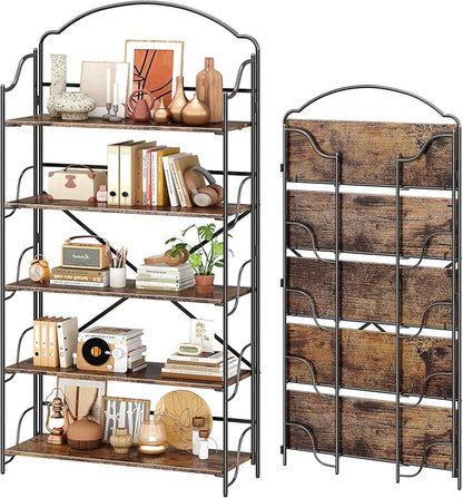 4NM No Assembly Extra Wide Folding Bookshelf for Living Room, 5 Tiers Collapsible Book Shelves Open Industrial Foldable Bookcase Storage Shelf for Home Office - Rustic Brown Black