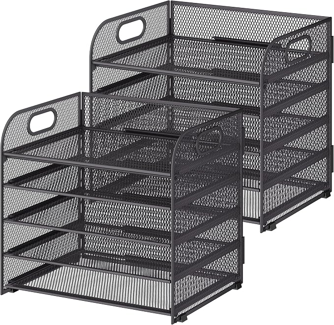 Cawukege 2 Pack 5 Tier Paper Organizer, Letter Tray with Handle, Mesh Desk Organizer, Metal File Organizer, Office Desk Accessories for Home, Office, Classroom, School -Grey