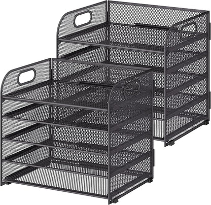 Cawukege 2 Pack 5 Tier Paper Organizer, Letter Tray with Handle, Mesh Desk Organizer, Metal File Organizer, Office Desk Accessories for Home, Office, Classroom, School -Grey