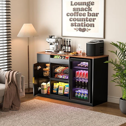 GDLF Snack Bar Cabinet with Fridge Space, Snack Organizer with Storage and Candy Display Shelf, Coffee Station for Home Theater or Game Room, 51.2" L，Black