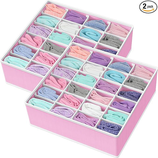Simple Houseware 2 Pack Closet Sock Organizer, 24 Cell Drawer Divider, Pink
