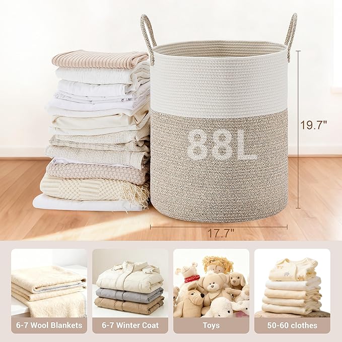 Tall Laundry Basket with Handles, 88L Portable Dirty Clothes Hamper, Boho Cotton Rope Storage Bin for Blankets Kids Toys Gifts, Large Organizer for Baby Nursery Bedroom Bathroom, Brown