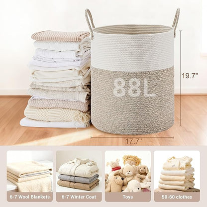 SunNewt Tall Laundry Basket with Handles, 88L Portable Dirty Clothes Hamper, Boho Cotton Rope Storage Bin for Blankets Kids Toys Gifts, Large Organizer for Baby Nursery Bedroom Bathroom, New Brown