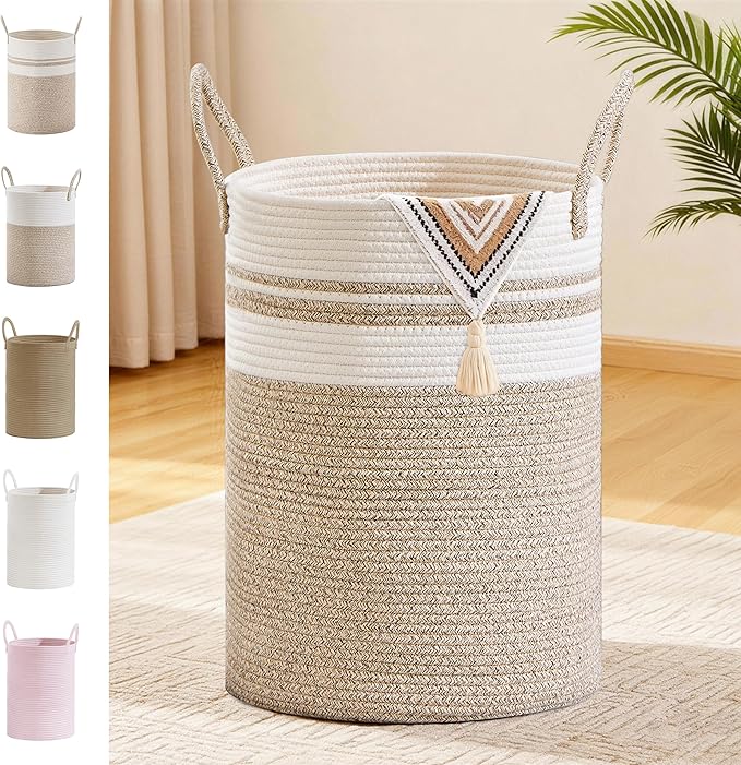 SunNewt Tall Laundry Basket with Handles, 72L Portable Dirty Clothes Hamper, Boho Cotton Rope Storage Bin for Blankets Kids Toys Gifts, Large Organizer for Baby Nursery Bedroom Bathroom, New Brown