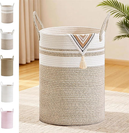 SunNewt Tall Laundry Basket with Handles, 72L Portable Dirty Clothes Hamper, Boho Cotton Rope Storage Bin for Blankets Kids Toys Gifts, Large Organizer for Baby Nursery Bedroom Bathroom, New Brown