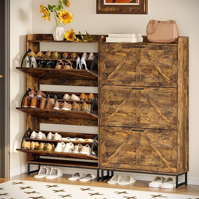 Shoe Cabinet Storage for Entryway, Shoe Storage Cabinet with 3 Flip Drawers, Freestanding Narrow Shoe Rack Organizer with Metal Legs & Side Hook for Foyer, Hallway, Brown