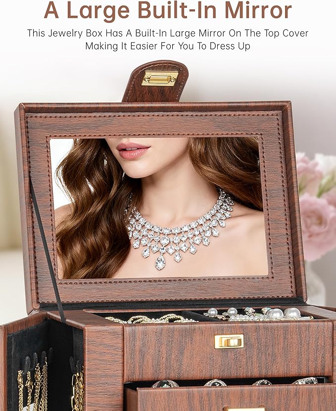 AKOZLIN 360° Rotating Jewelry Box 6-Tier Organizer Functional Jewelry Storage Case for Women Girls Ring Necklace Earring Bracelet Holder with Mirror Red Brown