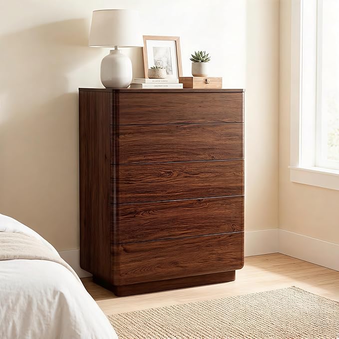 ACCOHOHO 5 Drawer Dresser for Bedroom, 42" Tall Modern Wood Dresser with Hidden Handle Drawers, Large Storage Chest of Drawers for Living Room & Hallway, Curved Profile Design, Dark Walnut