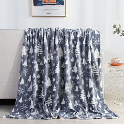 Elegant Comfort Luxury Velvet Super Soft Christmas Prints Fleece Blanket-Holiday Theme Home Décor Fuzzy Warm and Cozy Throws for Winter Bedding, Couch and Gift, 50 x 60 inch, Christmas Tree