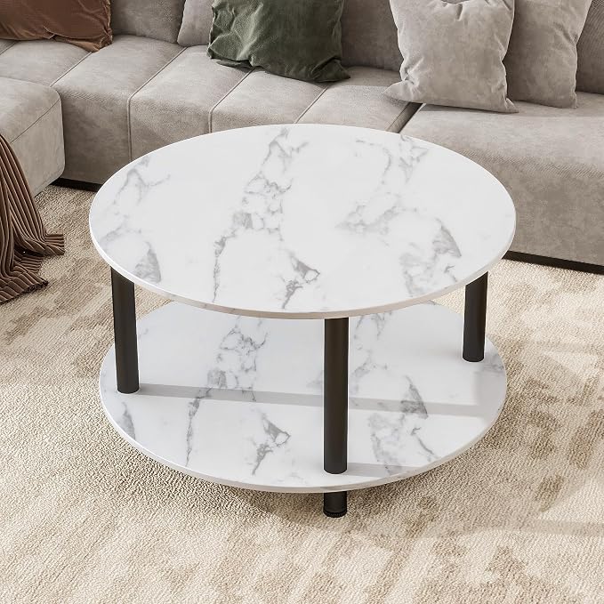 23.6" Round Coffee Table, 2-Tier Small Circle Coffee Table with Storage, Modern Center Accent Table with Metal Frame, Side Table End Table for Small Space, Living Room, Office, White