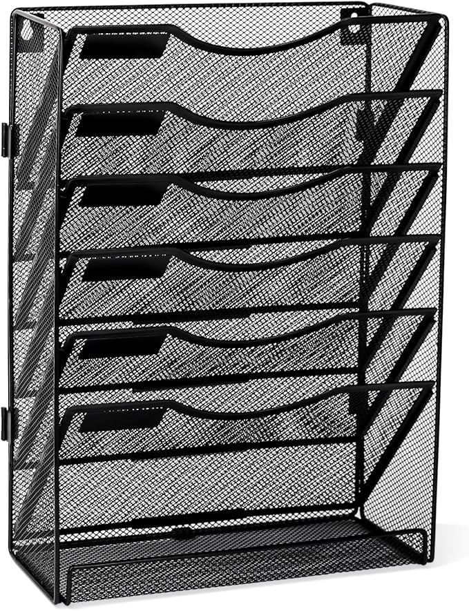 EasyPAG Wall File Holder Organizer 7 Tier Mesh Hanging Wall Mounted Document Paper Folder Filing Magazine Rack with Nametag Label for Office Home School, Black