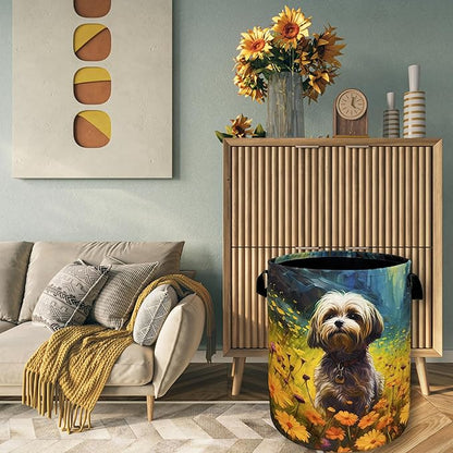 Watercolor Yorkie Laundry Basket Foldable With Handles Cute Dog Flowers Tote Bag Oxford Cloth Animal Dogs Laundry Hamper Clothes Toy Storage Bucket For Bathroom/Laundry/Bedroom 18.9"x16.5 "
