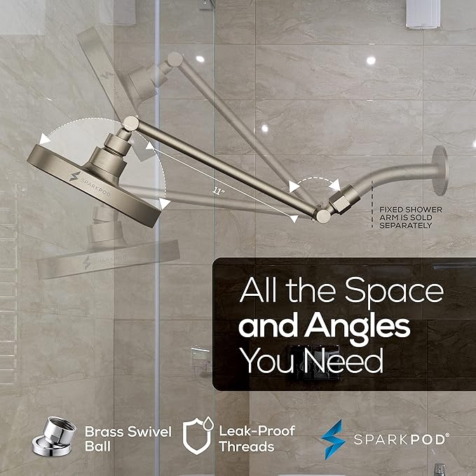 SparkPod 6" Round Rain Shower Head with 11" Shower Arm | Shower Head & Extension Arm Combo, Height Adjustable, High Pressure Performance, Easy 1-Minute Installation, Brushed Nickel