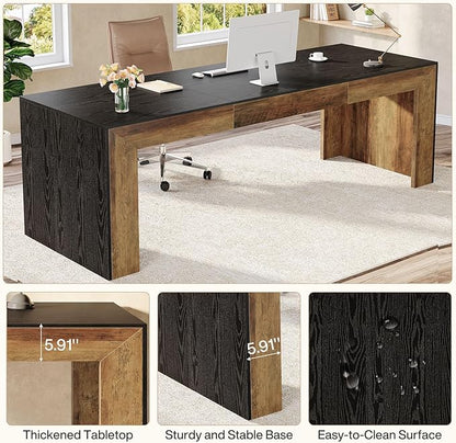 Tribesigns 78.7-Inch Long Computer Desk for 2 People, Farmhouse Executive Desk with Wooden Desktop and Legs, Large Workstations Writing Table Gaming Table for Home Office, Heavy Duty, Black + Brown