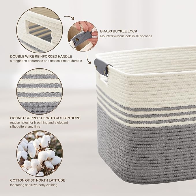 SunNewt 72L Large Laundry Basket with Leather Handles for Living Room Storage, Woven Rope Baskets Bin for Blanket, Kids Toy, Gifts, Wicker Hamper for Bedroom Dirty Clothes, 22"x17"x12" White Grey