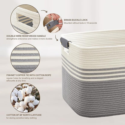 SunNewt 72L Large Laundry Basket with Leather Handles for Living Room Storage, Woven Rope Baskets Bin for Blanket, Kids Toy, Gifts, Wicker Hamper for Bedroom Dirty Clothes, 22"x17"x12" White Grey
