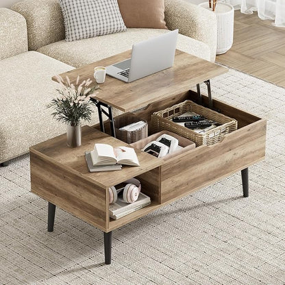 Wood Lift Top Coffee Table with Hidden Storage Compartment & Open Shelf, Multi-Functional Wooden Tabletop Dining Table for Living Room, Home Small Space