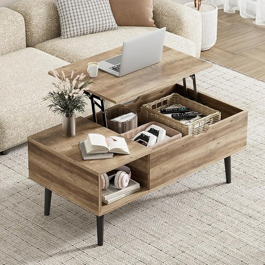 Wood Lift Top Coffee Table with Hidden Storage Compartment & Open Shelf, Multi-Functional Wooden Tabletop Dining Table for Living Room, Home Small Space