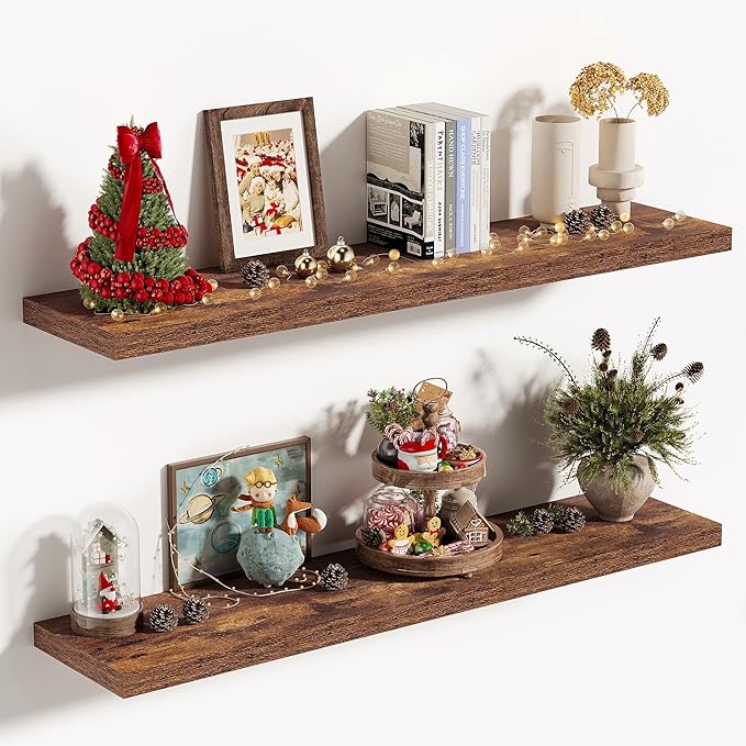 Vivelove 10 Inch Deep Floating Shelves 36 inch Long, 36 x 10 Wide Wall Shelves with Invisible Brackets, for Bedroom Bathroom Living Room Kitchen Office, Farmhouse Home Decor, Set of 2, Rustic Brown