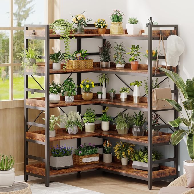 HCHQHS Adjustable Book Shelf with 8 Hooks, Reversible Corner Bookshelf, Industrial Wooden and Metal Bookcase for Living Room, Bedroom, Home Office (Rustic Brown, 5 Tier)