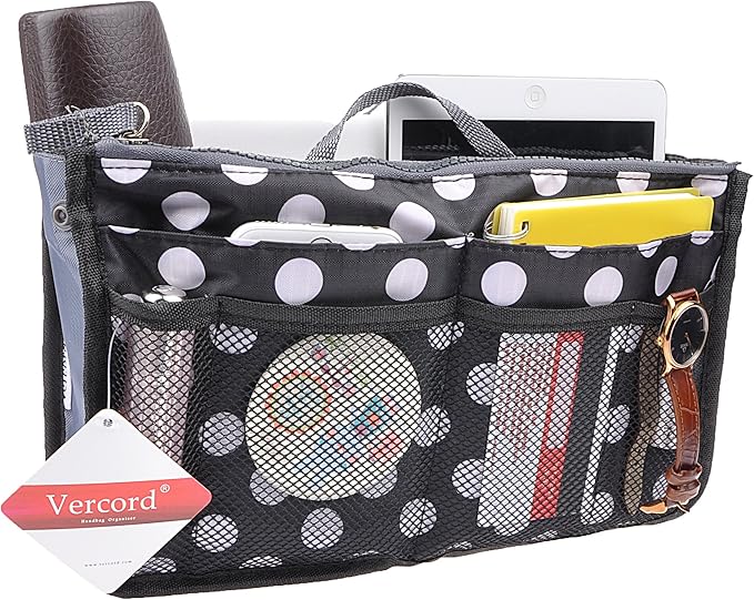 Vercord Purse Organizer Insert for Handbags Bag Organizers Inside Tote Pocketbook Women Nurse Nylon 13 Pockets Black Dots Large