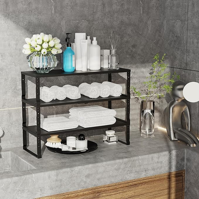 Jojocross Expandable Adjustable Stackable Kitchen Organizer, Spice Rack,Metal Pantry Storage Shelves Racks,Counter Shelf for Cabinets, Countertop, Cupboard (2 Packs/Large/Black)
