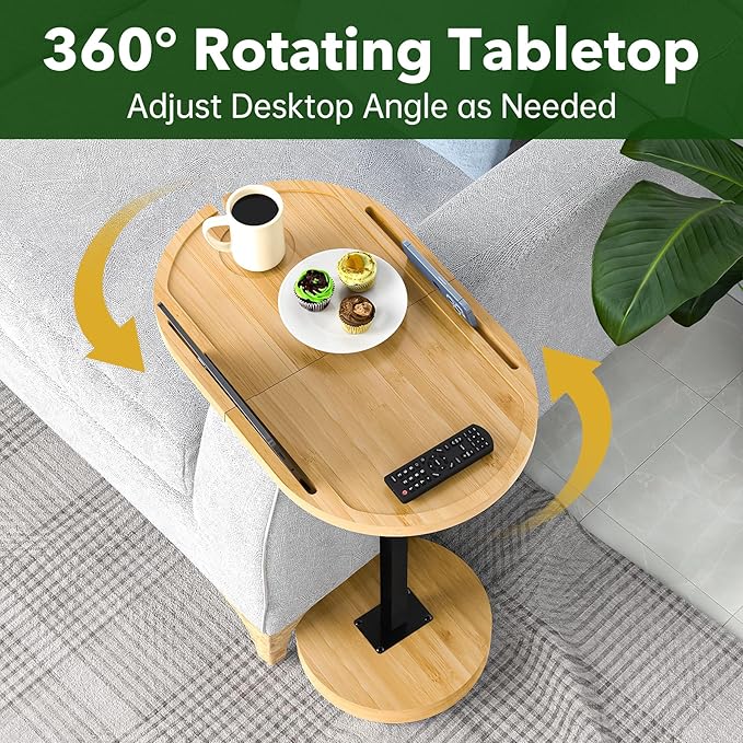 NiHome Bamboo Large Swivel TV Tray Table with Thickened Stable Non-Tipping Base, Adjustable Height Couch Table Tray, End Table, Bathtub Side Tray Table 360° Rotating for Hot Tub Bedside Sofa Balcony